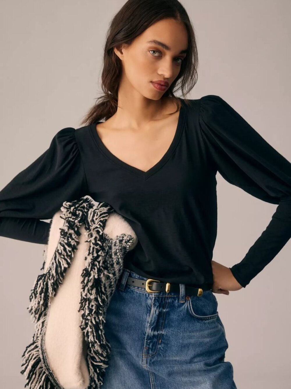NATION LTD Emilia Black Slub Cotton Jersey V-Neck Puff Sleeve T-Shirt, Size S